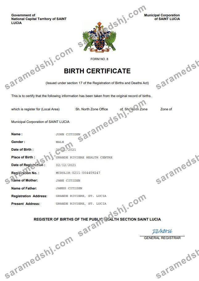 Saint Lucia birth certificate Word and PDF template